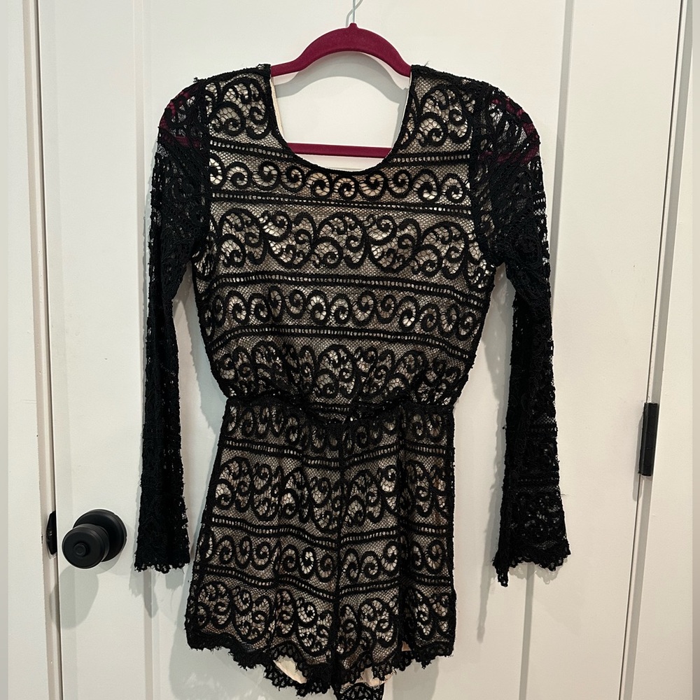 Storee Black Long Sleeve Lace Romper